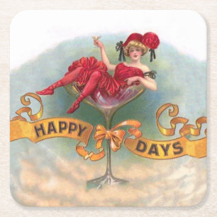 Dessous-de-verre Carré En Papier Affiche Femme Vintage dans un Verre à Champagne :