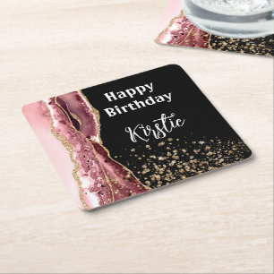 Dessous-de-verre Carré En Papier Agate Blush rose Rose noir Parties scintillant or