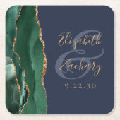Dessous-de-verre Carré En Papier Agate Emerald Green Gold Script Mariage bleu marin (Devant)