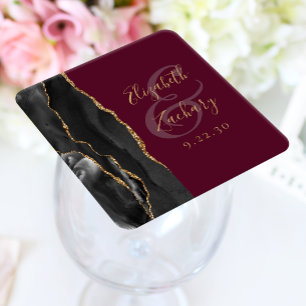 Dessous-de-verre Carré En Papier Agate Géode Script Black Gold Burgundy Mariage