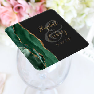 Dessous-de-verre Carré En Papier Agate Geode Script Emerald Green Gold Dark Mariage