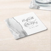 Dessous-de-verre Carré En Papier Agate Geode Script Gris Blanc Silver Mariage (Incliné)