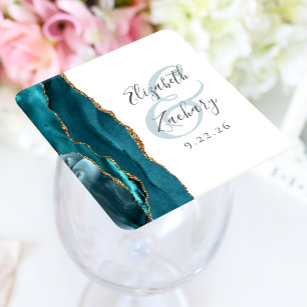 Dessous-de-verre Carré En Papier Agate Geode Script Turquoise Gold Mariage