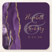Dessous-de-verre Carré En Papier Agate Géode Script Violet Or Prune Mariage (Devant)