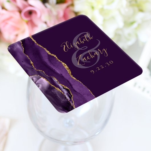 Dessous-de-verre Carré En Papier Agate Géode Script Violet Or Prune Mariage