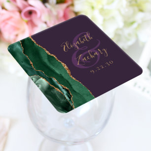 Dessous-de-verre Carré En Papier Agate Script Émeraude Vert Or Violet Mariage