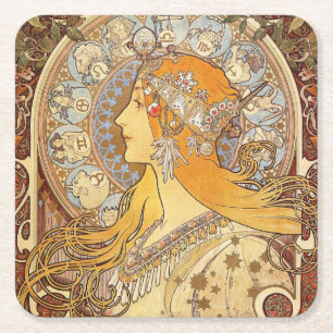 Dessous-de-verre Carré En Papier Alfonse Mucha Zodiaque Art Nouveau Femme