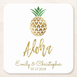 Dessous-de-verre Carré En Papier Aloha Tropical Hawaiian Mariage Ananas Blanc