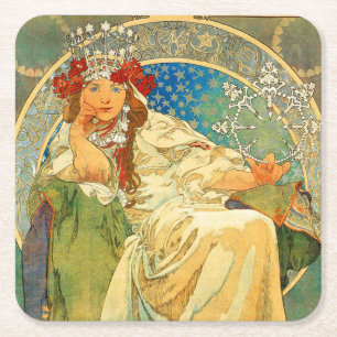 Dessous-de-verre Carré En Papier Alphonse Mucha Art Nouveau Princesse Hyacinth
