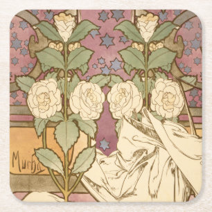 Dessous-de-verre Carré En Papier Alphonse Mucha Étoiles Élégantes Art Nouveau Camél