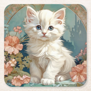 Dessous-de-verre Carré En Papier Alphonse Mucha Style Chat blanc