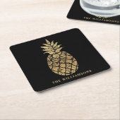 Dessous-de-verre Carré En Papier Ananas en or personnalisé sur noir (Incliné)