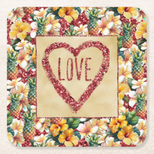 Dessous-de-verre Carré En Papier Ananas Floral Tropical Rouge Parties scintillant A