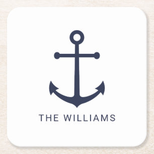 Dessous-de-verre Carré En Papier Ancre bleue marine et nom personnalisé