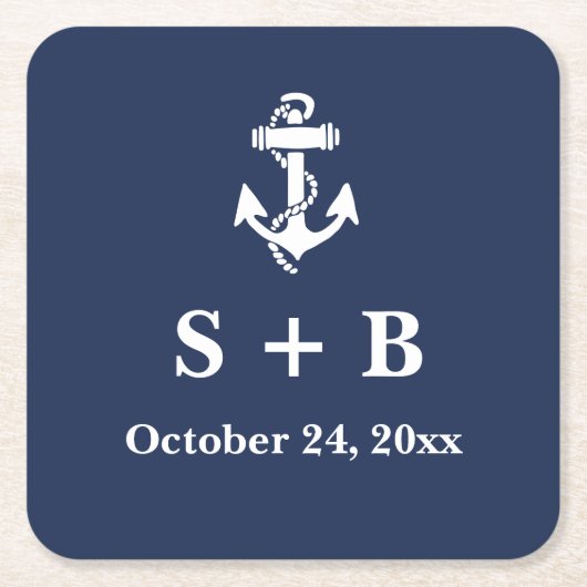 Dessous-de-verre Carré En Papier Ancre Bleue Marine Plage Nautique Mariage Océan (Devant)