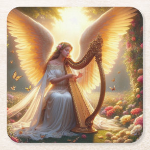 Dessous-de-verre Carré En Papier Angel Jouer une harpe avec des fleurs et des papil