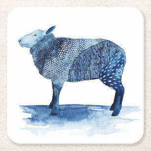 Dessous-de-verre Carré En Papier Animaux de ferme de bleu de cobalt - moutons