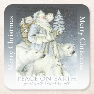 Dessous-de-verre Carré En Papier Animaux vintages d'hiver de forêt de Père Noël