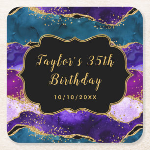 Dessous-de-verre Carré En Papier Anniversaire Agate Paon Violet et Bleu