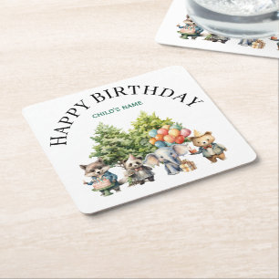 Dessous-de-verre Carré En Papier Anniversaire de la Forêt Aquarelle Fantaisiste