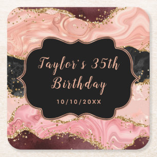 Dessous-de-verre Carré En Papier Anniversaire de naissance Agate Noir et Rose à Pai