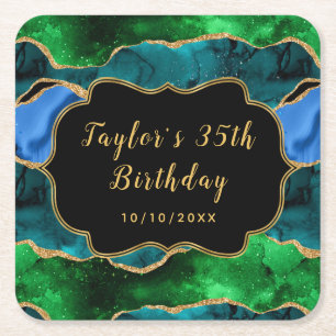 Dessous-de-verre Carré En Papier Anniversaire de naissance Agate Paon Bleu et Vert