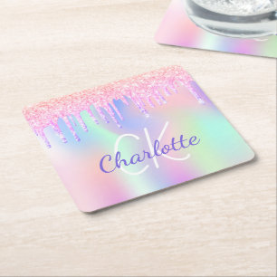 Dessous-de-verre Carré En Papier Anniversaire holographique rose violet gouttes