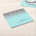 Dessous-de-verre Carré En Papier Aqua bleu Turquoise Parties scintillant argent Mon<br><div class="desc">Aqua Blue - Turquoise et Silver Sparkle Parties scintillant Script Monogramme Nom Dessous de verre papier. Cela fait le cadeau parfait de remise de diplômes,  anniversaire,  mariage,  douche nuptiale,  anniversaire,  baby shower ou bachelorette pour quelqu'un qui aime le luxe glam et les styles chic.</div>