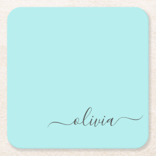 Dessous-de-verre Carré En Papier Aqua Blue Turquoise Moderne Script Girl Monogramme