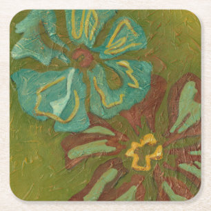 Dessous-de-verre Carré En Papier Aqua et fleurs oranges brûlées sur l'arrière -