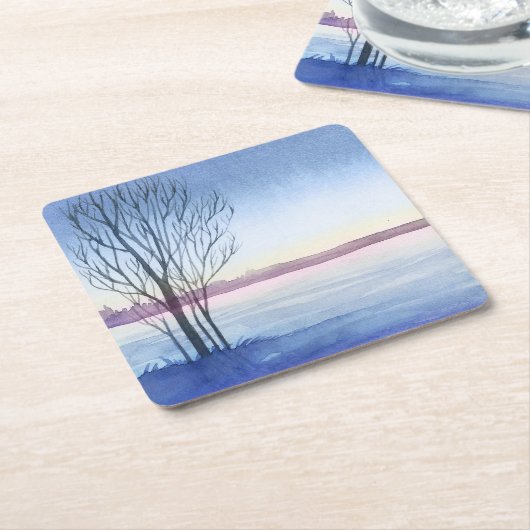 Dessous-de-verre Carré En Papier Aquarelle Arbre d'hiver Froid Lac Réutilisable (Incliné)