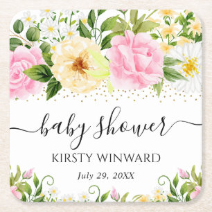 Dessous-de-verre Carré En Papier Aquarelle Baby shower de fleurs jaune et rose