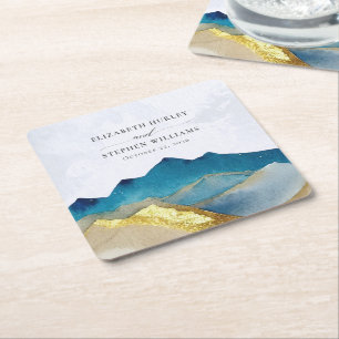 Dessous-de-verre Carré En Papier Aquarelle Blue Gold Foil Mountain Mariage extérieu