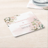 Dessous-de-verre Carré En Papier Aquarelle Blush roses eucalyptus or mariage (Incliné)