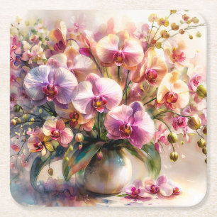 Dessous-de-verre Carré En Papier Aquarelle botanique - Art floral d'orchidée