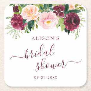 Dessous-de-verre Carré En Papier Aquarelle Burgundy Blush Fête des mariées Florale
