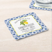 Dessous-de-verre Carré En Papier Aquarelle Citron Carrelage bleu Limoncello Mariage (Incliné)