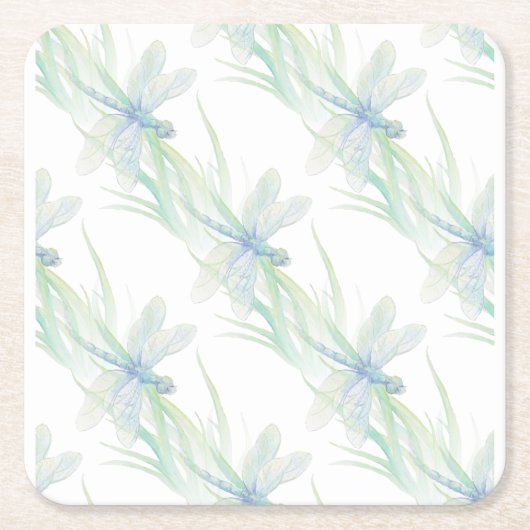 Dessous-de-verre Carré En Papier Aquarelle Dragonfly in Soft Blues & Green Art (Devant)