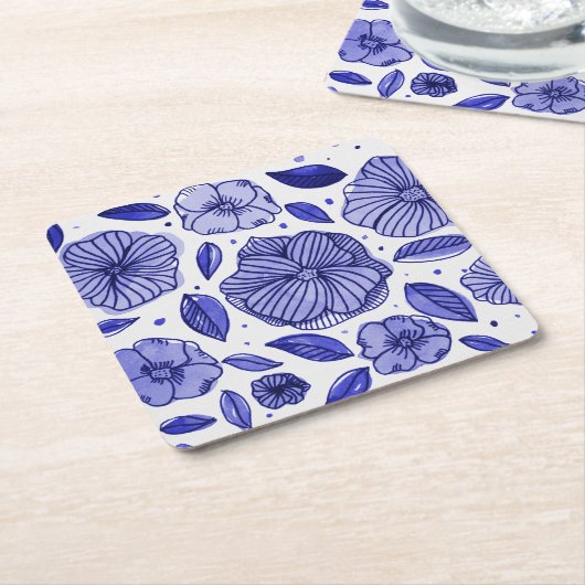 Dessous-de-verre Carré En Papier Aquarelle et fleurs d'encre - palette bleue (Incliné)