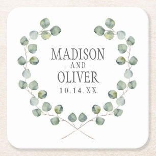 Dessous-de-verre Carré En Papier Aquarelle Eucalyptus cadre feuille   MARIAGE