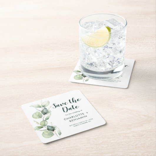 Dessous-de-verre Carré En Papier Aquarelle Eucalyptus Script Mariage Enregistrer la (En situation)