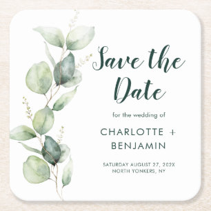 Dessous-de-verre Carré En Papier Aquarelle Eucalyptus Script Mariage Enregistrer la