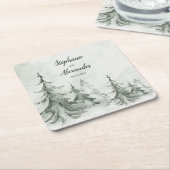 Dessous-de-verre Carré En Papier Aquarelle Fir Trees Mariage d'hiver (Incliné)
