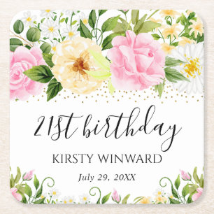 Dessous-de-verre Carré En Papier Aquarelle Fleurs jaunes et roses Anniversaire