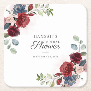 Dessous-de-verre Carré En Papier Aquarelle florale Burgundy Blush Fête des mariées