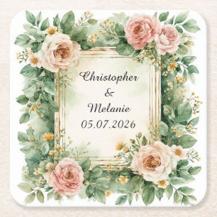 Dessous-de-verre Carré En Papier 🌸 Aquarelle florale nom personnalisé