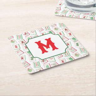 Dessous-de-verre Carré En Papier Aquarelle Mahjong Rouge & Vert Noël Monogramme