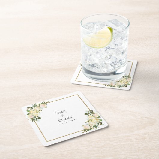 Dessous-de-verre Carré En Papier Aquarelle Mariage personnalisée Elégant Rose blanc (En situation)