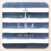 Dessous-de-verre Carré En Papier Aquarelle marine rayures monogramme mariage plage (Devant)