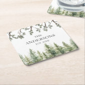 Dessous-de-verre Carré En Papier Aquarelle Monogramme Pins rustiques et branches (Incliné)